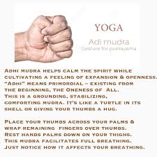 Adhi Mudra Calms Nervous System Facilitates Breath In Lower Abdomen Fist W Thumb Enclosed Fist Mudras Mushti Mudras True Yoga Healing Mantras