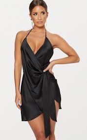 Black Satin Halterneck Wrap Bodycon Dress Womens Dresses Bodycon Dress Fashion