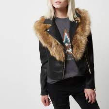 Black Faux Fur Trim Biker Jacket Jackets Vegan Leather Jacket Black Faux Fur