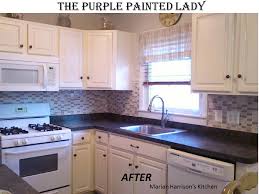 We placed an old bed sheet on the floor of our garage then used plastic cups to hold the doors after letting the doors cure for a day or two, i reinstalled them onto my cabinets and my kitchen before and after looks like this. Are Your Kitchen Cabinets Dated Before After Photos The Purple Painted Lady
