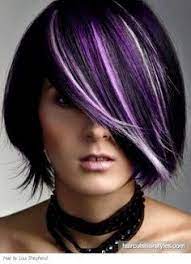 Purple Platinum Highlights Short Black Hair Short Hair Color Medium Hair Styles Creative Hair Color