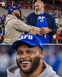 Aaron Donald & Andrew Whitworth are together again in Arizona to support  their former team and the LAFD 🙏 Andrew Whitworth's pregame message: "We  are strong. We will not be defined by