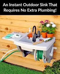 Just hook up the garden hose and you're in business! This Garden Hose Sink Gives You An Instant Outdoor Sink With No Extra Plumbing Required Outdoor Sinks Garden Sink Outdoor Garden Sink