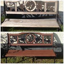 Spray Painted An Weather Worn Bench The Wood Then The Iron With A New Gloss Black Took About 2 Hours Very Wooden Bench Outdoor Iron Bench Cast Iron Bench