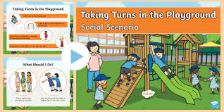In practice, it involves processes for constructing contributions, responding to previous comments, and transitioning to a different speaker. Taking Turns In The Playground Social Scenario Powerpoint
