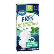 Check spelling or type a new query. Great Value Strong Flex Tall Kitchen Drawstring Bags Rodent Repellent Mint Scent 13 Gallon 44 Count Walmart Com Walmart Com