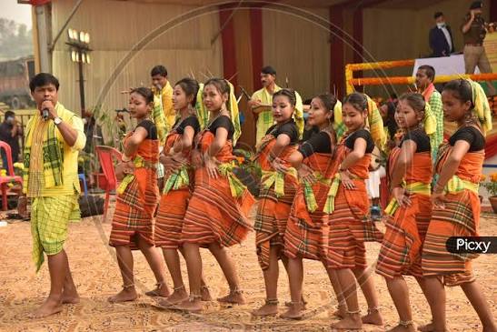 Image of Artists perform a traditional dance during the Bodoland Territorial Council oath-taking ceremony at Greenfield, in Kokrajhar District of Assam on December 15, 2020-EE686931-Picxy