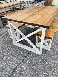 Rustic Farmhouse Table With X Accent And Benches Provincial Brown Top And White Distressed Base Small Dining Table Kitchen Table Rustic Farmhouse Table Farmhouse Table Dining Table In Kitchen