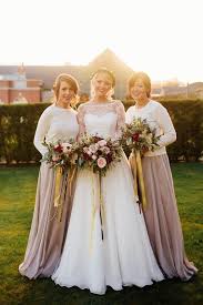 Bridesmaids Separates With White Sweaters And Taupe Skirts Winter Bridesmaid Dresses Winter Bridesmaids Bridesmaid Separates