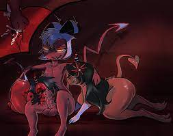 1boy 2girls age difference amarixa bodily fluids boss cartoon  crimson (helluva boss) cucked by father cuckold cum daughter-in-law demon  demon girl demon horns demon tail dominant drawing father-in-law  father-in-law