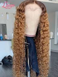 Unprocessed human hair 17 items; Unprocessed Ombre Blonde Color Curly Hair Style U Part Lace Wigs With Thick Hair Lwigs50