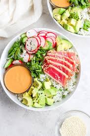The savory lime and soy based dipping sauce is mouthwatering and full of flavor. Seared Ahi Tuna Poke Bowl Easy Healthy Meal Prep Fit Foodie Finds