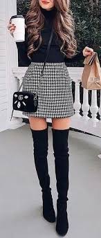 Black And White Houndstooth Skirt Black Turtleneck Sweater Black And White Houndstooth Skirt Black Over The Knee Boots Black Gucci Crossbody Bag C Fashion Trendy Skirts Spring Outfits Women