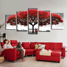 Big Red Tree In The Wild 5 Piece Canvas Painting Canvas Wall Art Living Room Red Living Room Decor Art Deco Living Room