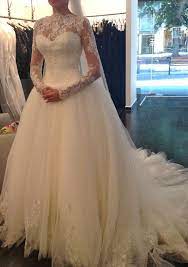 A long sleeve wedding dress has one fundamental reason which is to attract attention to your upper parts. Ball Gown Scalloped Neck Full Long Sleeve Court Train Tulle Wedding Dress With Appliqued Lace Wedding Dresses S10102679 At Stacees Co Uk