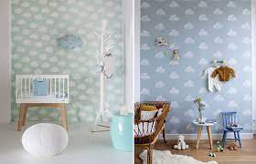 Keep kids' rooms classy but fun with a neat geometric wallpaper design and a bold background colour. Clouds In Kids Rooms Wallpaper Cushions Lamps Mobiles