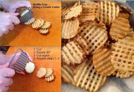 Homemade waffle fries can be made with a mandolin slicer with a waffle blade or a waffle fry cutter. Waffle Fries Crinkle Cutter Waffle Fries Recipe Waffle Fries Homemade Waffles