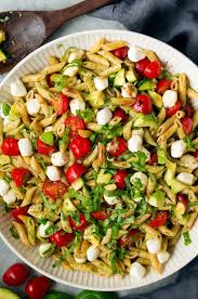 Healthy Chicken Pasta Salad With Avocado Tomato And Basil In 2020 Caprese Pasta Avocado Pasta Salad Caprese Pasta Salad