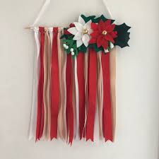 Ribbon And Felt Poinsettia Flower Wall Hanging White Gold Red And Green Chris Ribbon Wreath Christmas Green Christmas Decorations Diy Wall Hanging Christmas