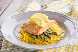 Oven Baked Salmon Asparagus Spaghetti Squash With Lemon Beurre Blanc Recipe Salmon And Asparagus Oven Baked Salmon Baked Salmon And Asparagus