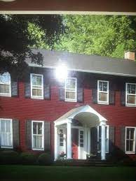 Burgundy Siding Black Shutters White Trim House Exterior House Siding Black Shutters