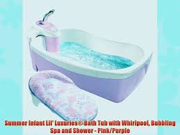 The innovative design of this baby bathtub keeps baby warm during bath time with the insulated double wall tub. Summer Infant Lil Luxuries Bath Tub With Whirlpool Bubbling Spa And Shower Pink Purple Video Dailymotion