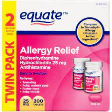 Equate Allergy Relief Diphenhydramine Tablets 25mg 2x100 Ct Walmart Com In 2021 Allergy Relief Allergies Allergy Medicine
