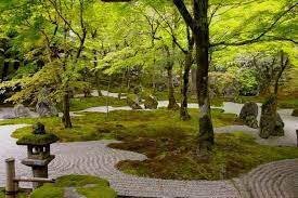 Raked Sand Mossy Islands With Tall Tres Japanese Lantern Zen Japanese Garden Landscape Modern Japanese Garden Japanese Landscape