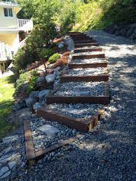 Landscape Stairs At Our Beach House Leading To Our Lawn Down To The Water Used Treated 4x6 Landscape Cedar Garden Stairs Landscape Stairs Hillside Landscaping