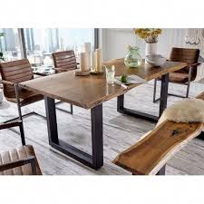 Natural Wood Mixed With Metal Can Spice Up Any Room This Solid Acacia Wood Table Top Has Li Wood Dining Room Table Dining Table With Bench Dining Table Rustic