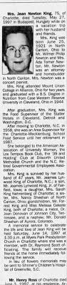 Obituary for Jean Newton King, 1921-1997 (Aged 75)