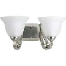 Find the perfect vanity lighting today. Progress Lighting P2882 09 Brushed Nickel Torino Two Light Bathroom Fixture With Tea Stained Or Etched White Glass Shades Lightingdirect Com