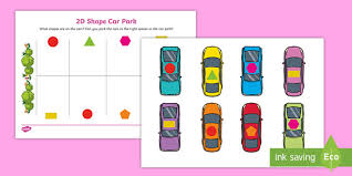 Large shapes, four to a page, large shapes, 6 to page, medium shapes 8 to a page and medium shapes 10 to a page. Car Park 2d Shape Recognition And Matching Worksheet