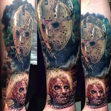 Jason Voorhees Featuring His Decapitated Mother Charming Right By Paulackertattoo Paulacker Horror Jasonvoorh Skull Rose Tattoos Horror Tattoo Tattoos