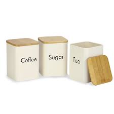 Essential kitchen storage 3 piece sugar, coffee and tea canister set. 3 Piece Tea Coffee Sugar Kitchen Canister Set In Cream With Bamboo Lids M W Maison White