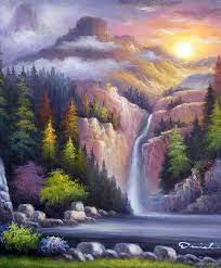 Mountain Waterfall Forest Sunset Clouds Pine Tree Oil On Canvas Painting Art Waterfall Paintings Landscape Paintings Beautiful Scenery Pictures