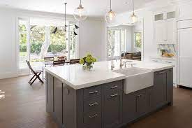 Creating a recessed kitchen corner cabinet with a sink. Gray Center Island With Deep Farm Sink Transitional Kitchen