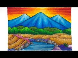 Lanjut dengan gambar yang kedua, disini terdapat gambar crayon yang indah dari pemandangan sebuah sungai atau danau dengan ada 2 buah kapal yang sedang belajar, dengan terdapat latar belakang pemandangan pegunungan yang indah, serta terdapat pohon kelapa dan rumpuran dibagian depan gambarnya. Cara Mewarnai Pemandangan Coloring And Drawing
