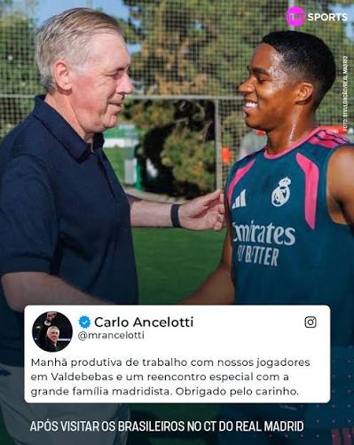 DE OLHO NO PR&Oacute;XIMO CICLO! 🇧🇷👀 O t&eacute;cnico da #Sele&ccedil;&atilde;oBrasileira, Carlo Ancelotti considerou que a manh&atilde; de trabalhos no CT do Real Madrid foi produtiva. O treinador tamb&eacute;m agradeceu o carinho do