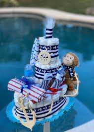 Nautical Diaper Cake Monkey Diaper Cake Sailor Diaper Cake Etsy In 2020 Nautical Diaper Cakes Monkey Diaper Cakes Baby Girl Diaper Cake