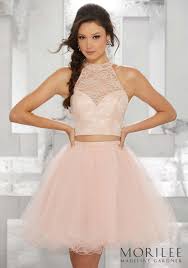 Blush Pink Two Piece Party Dress With High Halter Lace Bodice And Tulle Skirt Colors Available Blu Quincenera Dresses Quinceanera Dama Dresses Quince Dresses