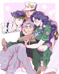 nitako, hirose koichi, kishibe rohan, kuujou joutarou, yamagishi yukako,  diamond wa kudakenai, jojo no kimyou na bouken, highres, 1girl, 3boys,  bisexual male, black hair, blonde hair, blue eyes, blue hair, blush,  earrings,