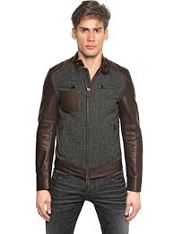 Dsquared Gray Wool Herringbone Leather Biker Jacket For Men Leather Biker Jacket Biker Jacket Jackets