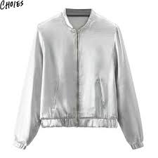 Black And White Satin Bomber Jacket Choies Women Silver Zip Up Long Sleeve Brief Slim Pockets Satin Bomber Jacket Satin Bomber Jacket Long Sleeves Jacket Silver Bomber Jacket