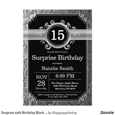 Birthday Invitation Background Black And White Surprise 15th Birthday Black And Silver Glitter Invitation Zazzle Com Silver Glitter Invitations 60th Birthday Invitations 16th Birthday Invitations