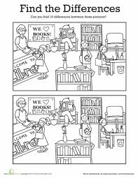 Find The Differences At The Library Worksheet Education Com Hidden Picture Puzzles Library Activities Hidden Pictures