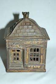 Cast Iron Home Savings Bank Dog Finial Building Still Bank Antique Silver Paint Finials Cast Iron