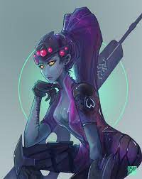 widowmaker (overwatch), overwatch, overwatch 1, 1girl, blue skin, bodysuit,  center opening, colored skin, gun, head