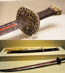 The sword of Hong Taiji (1626-1643), the founding emperor of the Qing  dynasty. The blade is made of steel and has a single groove coated with  cinnabar. Now on display at the