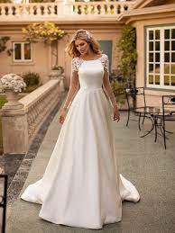 Moonlight Collection J6792 Bridal Gown With Illusion Back And Sleeves Minimal Wedding Dress Long Sleeve Satin Wedding Dress Classy Wedding Dress